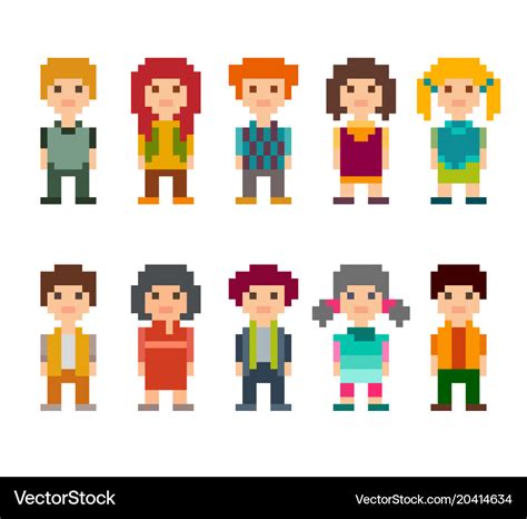 Set of different pixel art 8-bit people characters