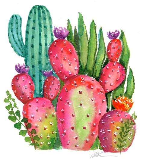 Original watercolor bright Cactus garden no. 2 | ellencrimitrent ...