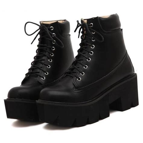 Black Lace Up Chunky Block Sole Funky Ankle Boots Shoes ...