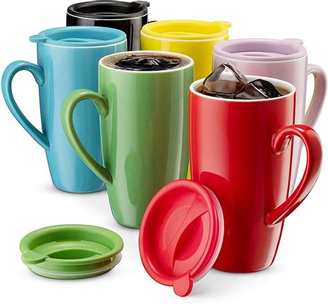 MITBAK 6-Pack Ceramic Coffee Mug Set with Lids (16-Ounce) | Large ...