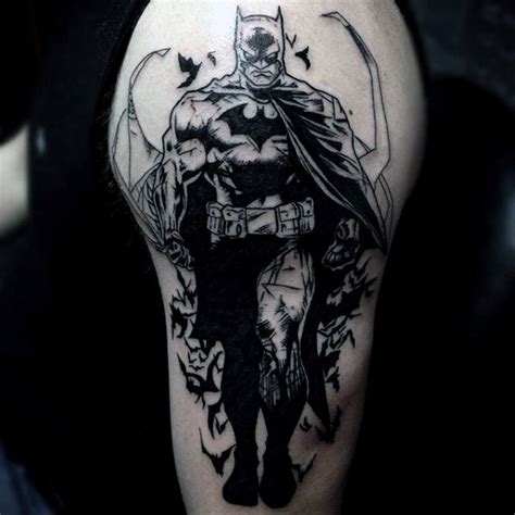 Illustrative style colored shoulder tattoo of Batman with bats ...