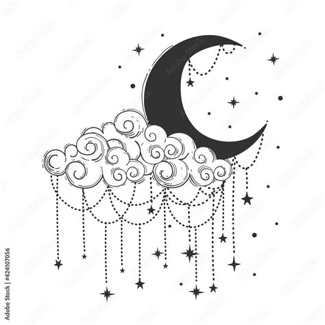 Crescent moon and cloud with decorations and stars. Celestial symbols ...