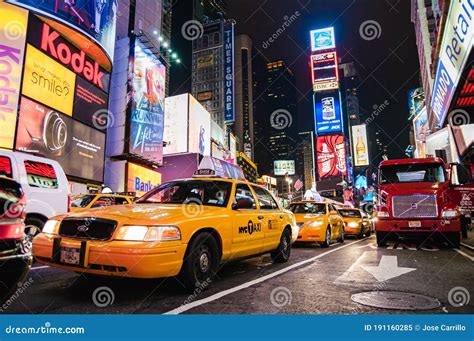 New York City Taxi Cab on Busy Times Square Street at Night Editorial ...