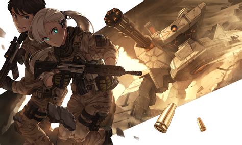 long hair, Anime, Anime girls, Weapon, Gun, Uniform, Gray hair, Aqua ...