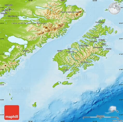 Physical Map of Kodiak Island Borough