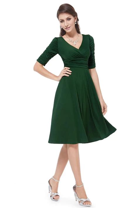 Dark Green V-neck 3/4 Sleeve High Stretch Short Casual Dress - $34 # ...