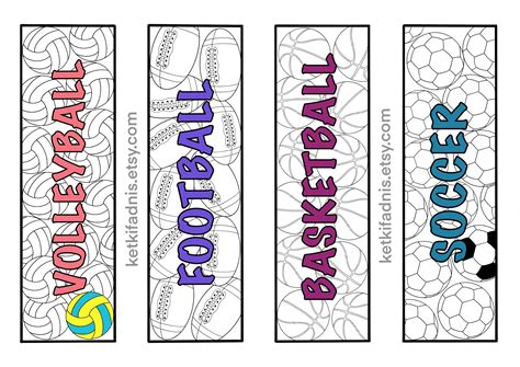 three bookmarks with the words soccer, volleyball, and basketball on ...