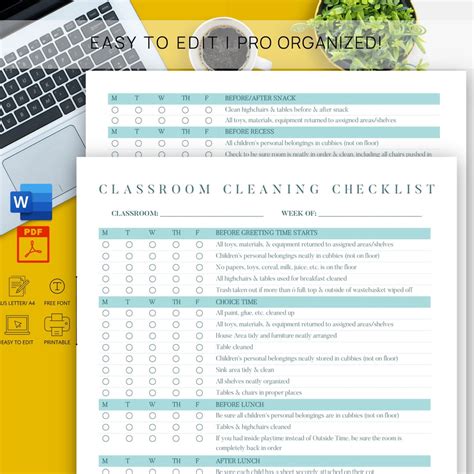 Editable Classroom Cleaning Checklist Weekly School Cleaning Schedule ...