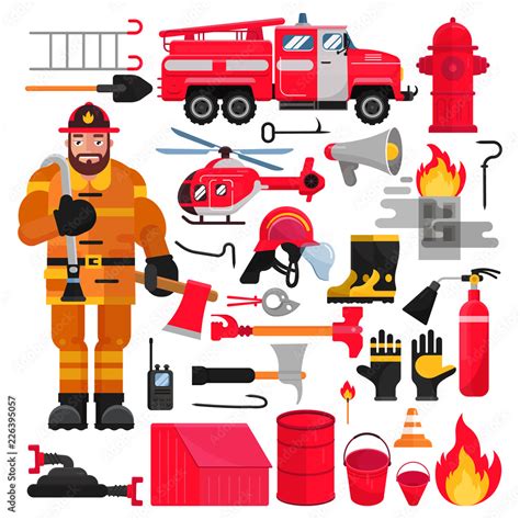 Firefighter vector firefighting equipment firehose hydrant and fire ...