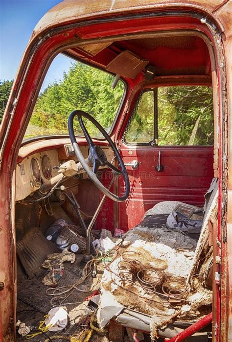 Interior of Old Red Truck stock photo. Image of padding - 58773618