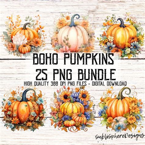 Boho Pumpkin Watercolor Bouquets Clipart, Fall Digital Download ...