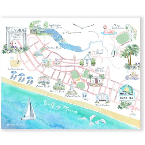 Seaside Florida Map Watercolor Art Print Beach Art South - Etsy