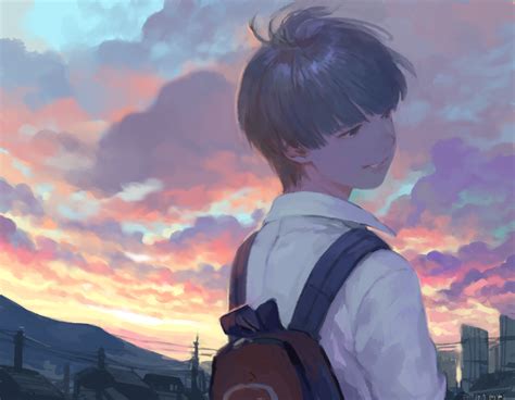 Wallpaper : sunset, anime boys, backpack, smile 1800x1400 - eltoro ...