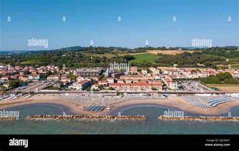 Italy, June 2022; aerial view of Fano with its sea, beaches, port ...