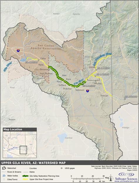 Map of the upper Gila River watershed in eastern Arizona and the Gila ...