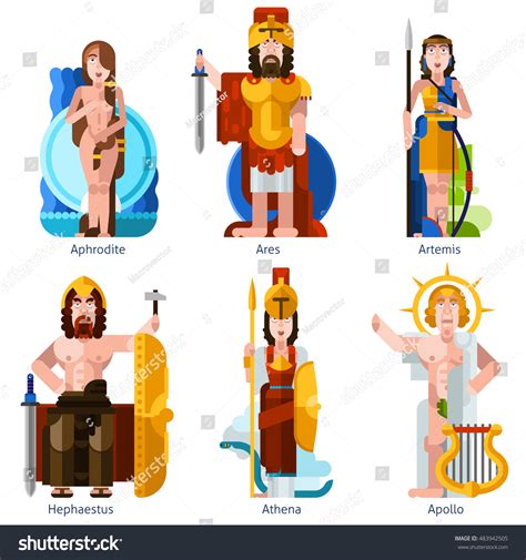 Flat Color Olympic Gods Icons Set In Cartoon Style With Aphrodite Ares ...