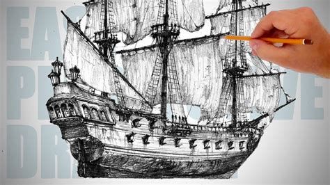 How to draw pirate sailing ship (Black Pearl) - Easy Perspective ...