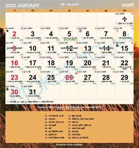 Hindu Calendar 2022, January