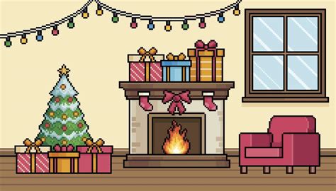 Pixel art living room with christmas decoration with fireplace ...