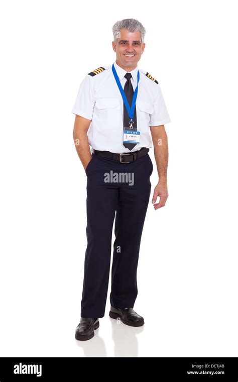 cheerful middle aged man wearing airline pilot uniform on white ...