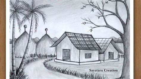 How to draw village scenery with pencil sketch - Drawing for Beginners ...