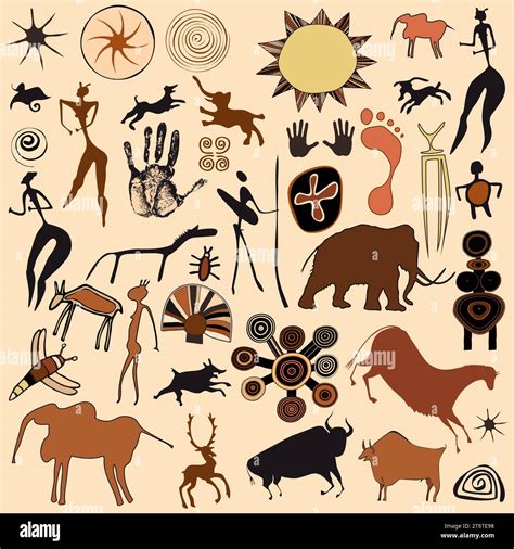 Various figures, animals and symbols in the style of cave paintings and ...