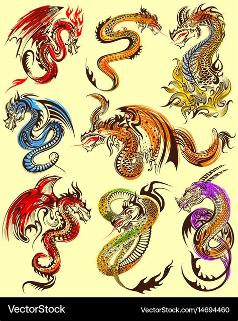 Tattoo art design of furious dragon collection Vector Image