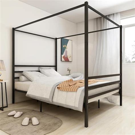 GODEER 83 in. W Black Metal Canopy Bed Frame, Platform Bed Frame Queen ...