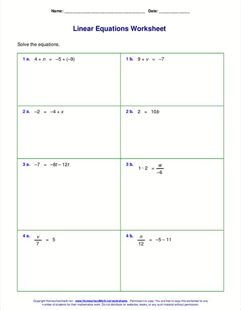 Free worksheets for linear equations (grades 6-9, pre-algebra, algebra 1)