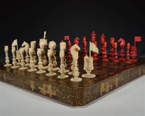 ANTIQUE MACAO IVORY FIGURAL CHESS SET