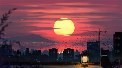 Cat Sunset City Scenery Anime 4K #860i Wallpaper PC Desktop