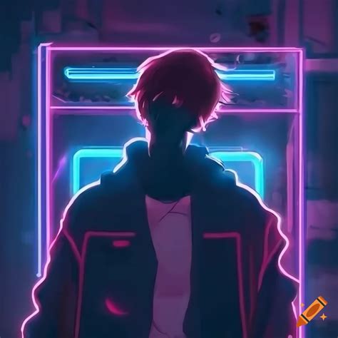 Neon lights anime-style wallpaper of a young man in street clothes on ...