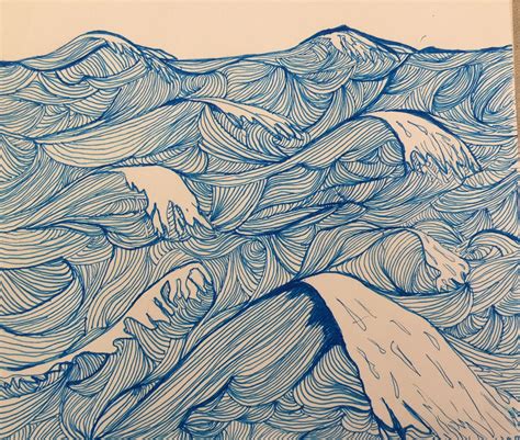 Dibujos de olas del océano en tinta azul