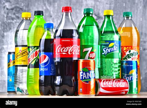 POZNAN, POLAND - APR 6, 2018: Bottles of global soft drink brands ...