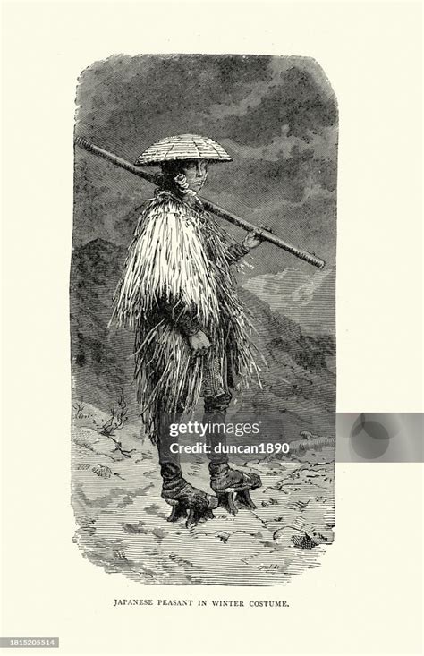 Japanese Peasant In Winter Costume Kasa Hat Geta Footwear Straw Cloak ...