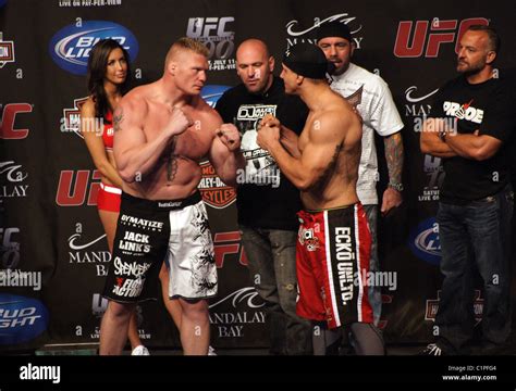 Brock Lesnar and Frank Mir The UFC 100 weigh-in held at Mandalay Bay ...