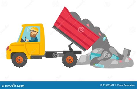 Worker and Bulldozer at Rubbish Dump. Stock Vector - Illustration of ...