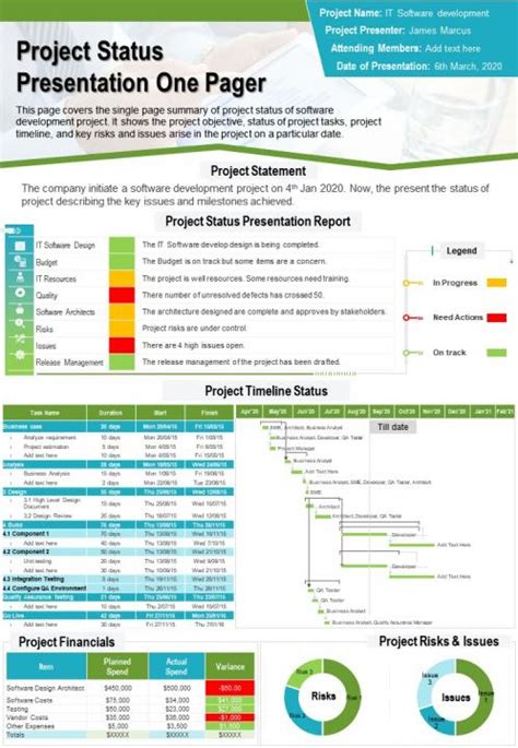 Project Status Presentation One Pager Presentation Report Infographic ...