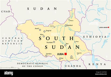 South Sudan political map with capital Juba, national borders ...