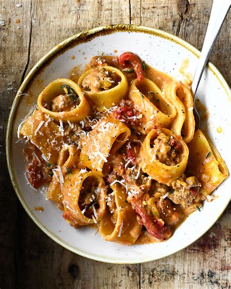 Creamy Beef Bolognese with Roasted Peppers - Serving Dumplings