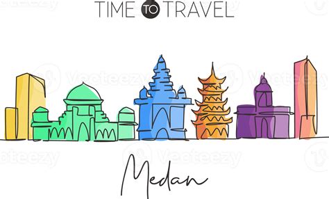 One continuous line drawing Medan city skyline Indonesia. Beautiful ...