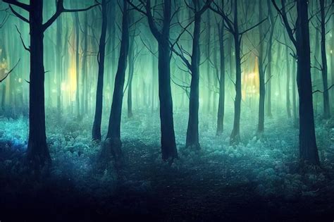 Premium Photo | Dark night forest with glow Dark tree trunks in the fog ...