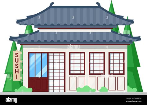 Sushi bar isolated street building, exterior design. Vector facade of ...