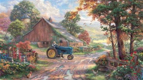 Thomas Kinkade, Painting, Farm, Barns, Chickens, Tractors, Flowers ...