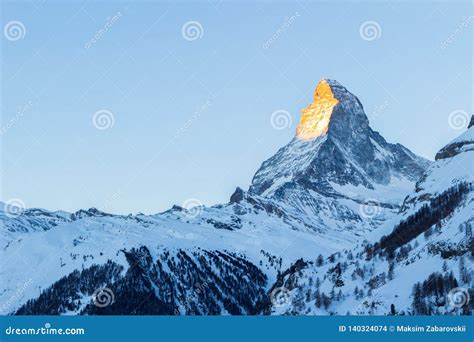 Matterhorn Mountain at Sunrise in Winter As Seen from Zermatt Stock ...