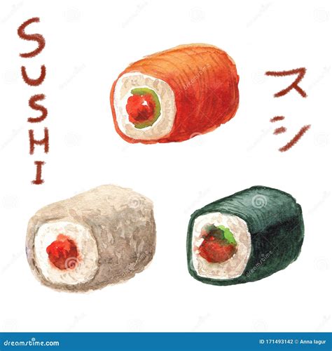 Watercolor Illustration of Sushi and Roll Stock Photo - Image of lunch ...