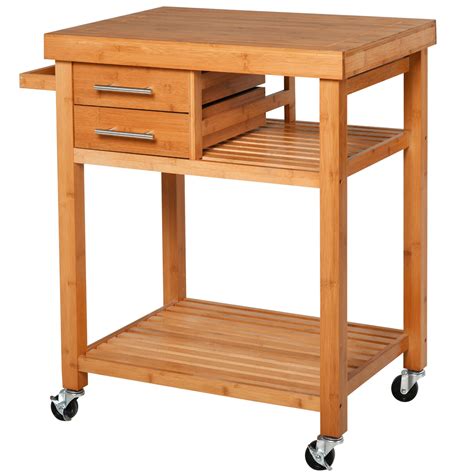 HomCom Bamboo Rolling Kitchen Island Trolley Utility Cart on Wheels, 2 ...