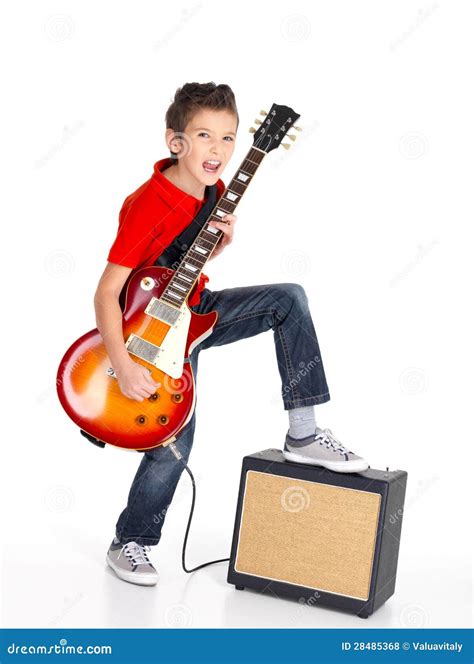 White Boy Sings and Plays on the Electric Guitar Stock Photo - Image of ...