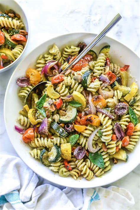 Creamy Avocado Pesto Pasta Salad with Roasted Vegetables - foodiecrush .com