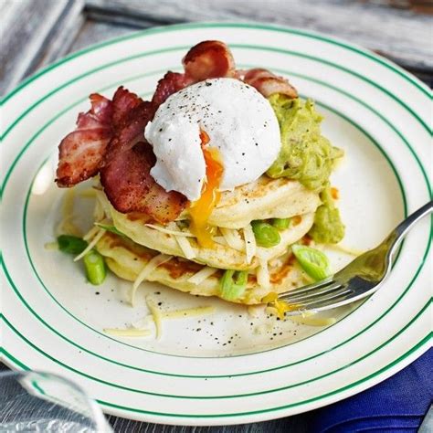 Cheesy American pancakes with bacon and eggs | Recipe | Bacon eggs ...